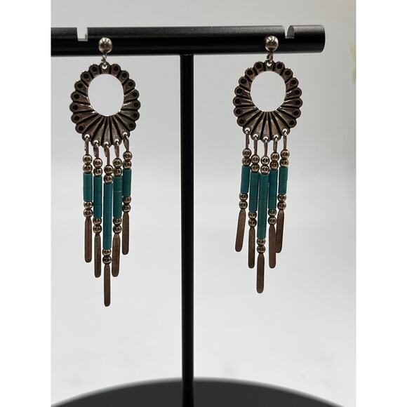 Q.T. Quoc Turquoise Southwest Sterling Silver Blue Beaded Concho Native earrings - Picture 4 of 7